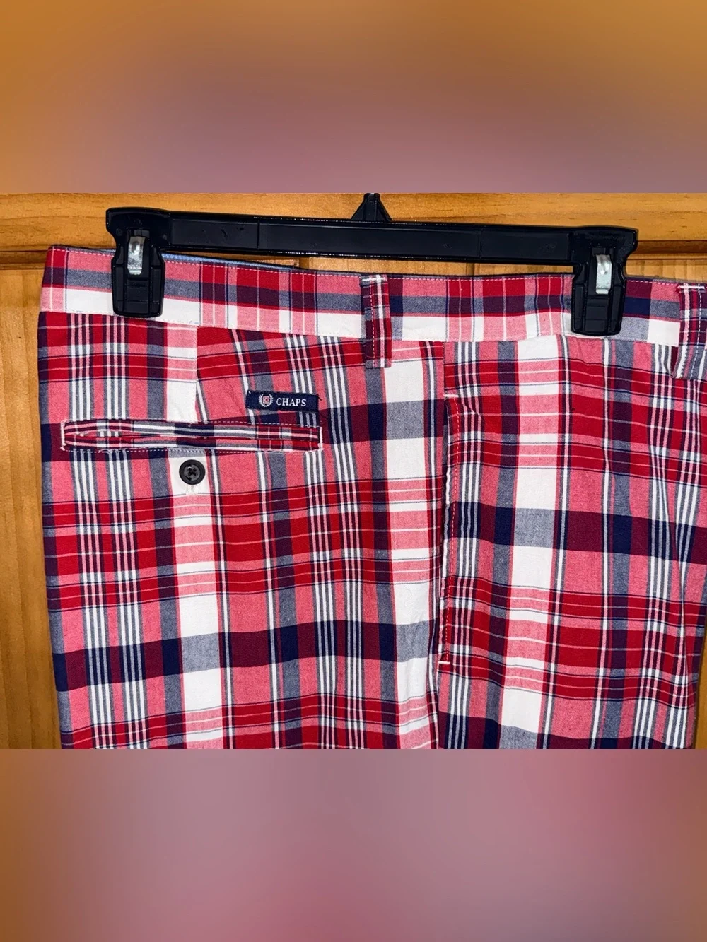 Chaps Men’s Red White and Navy Plaid Men's Flat Front Shorts42-EC